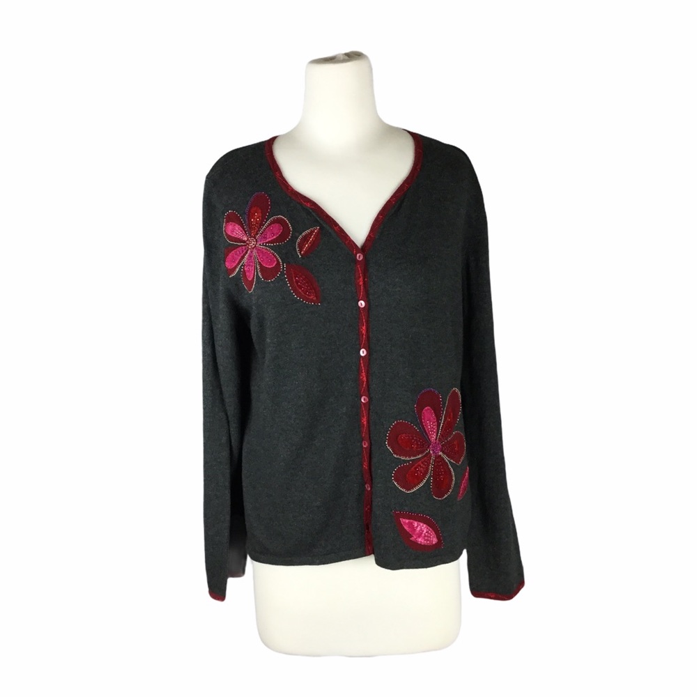 Sigrid Olsen Gray Cardigan with Pink Floral Accents
